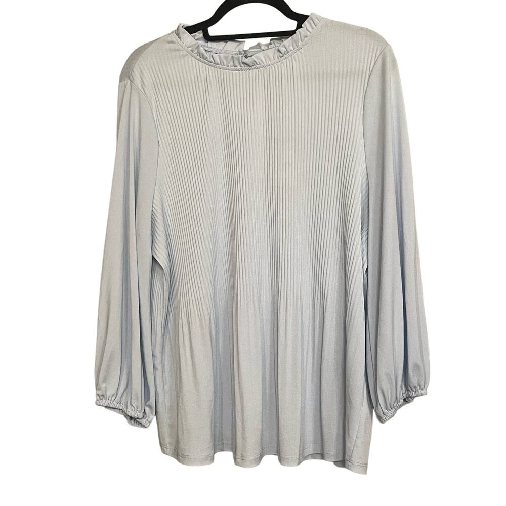 Adrianna Papell Top Ruffle Neck Pleated Blue Long Sleeve Stretch Pullover NEW XL